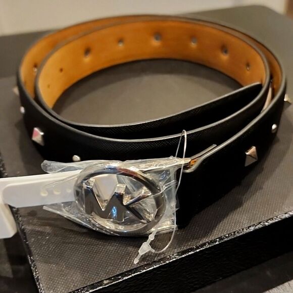 Michael Kors Studded Silver MK Logo Buckle Leather Belt main image 7